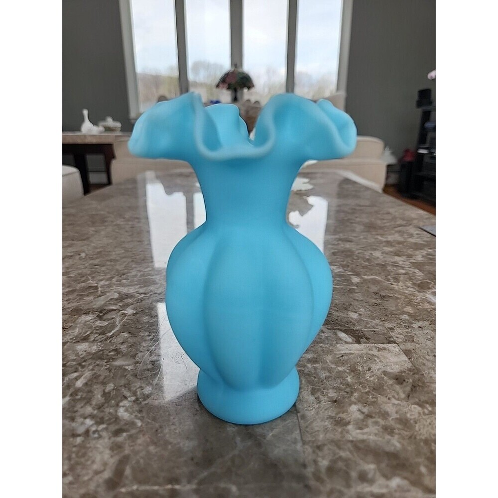 Fenton Blue Satin Melon With Ruffels Vase, 5 1/2" Tall